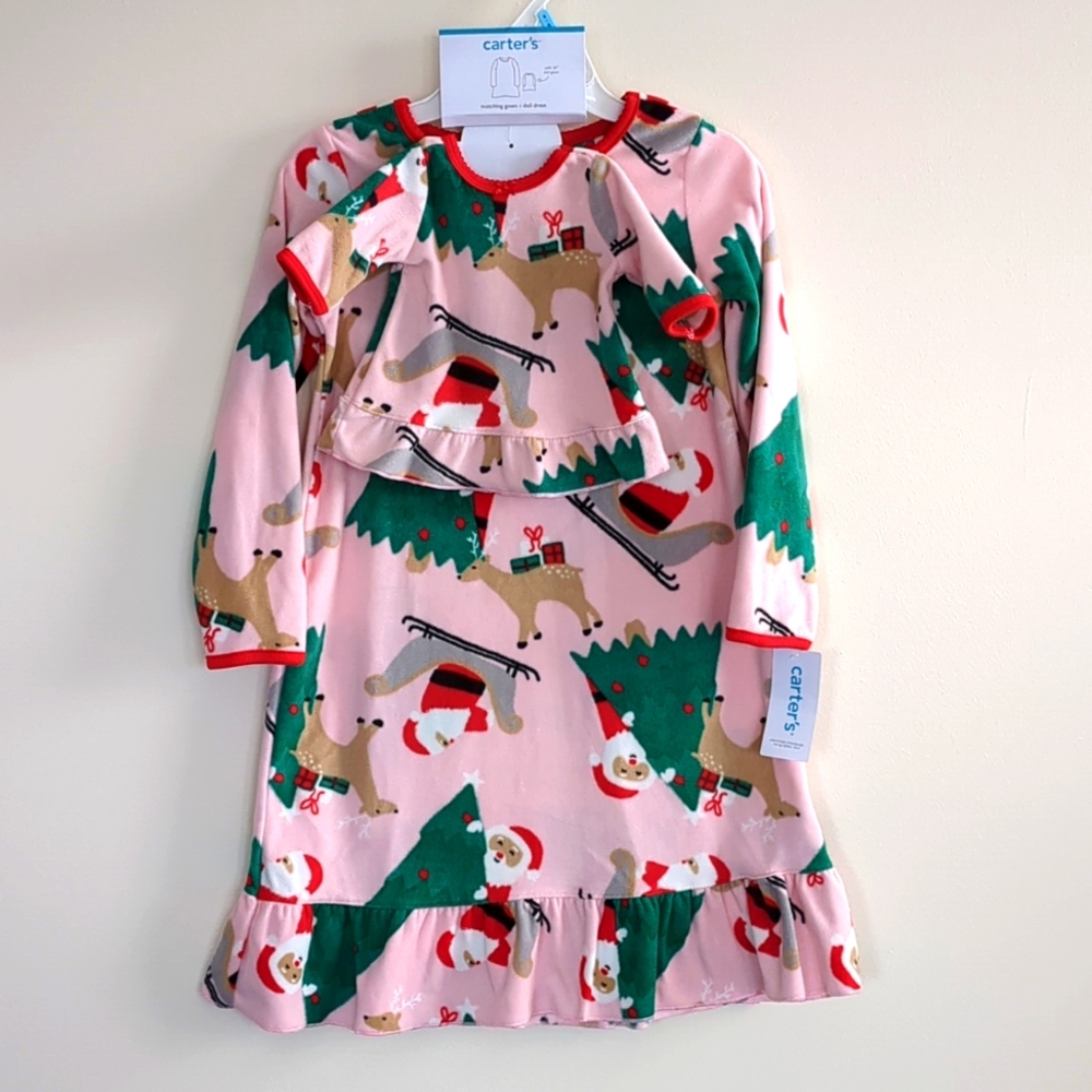NWT Little Girls Carter's Christmas Nightgown & Matching 18" Doll Gown (Sz 4/5)